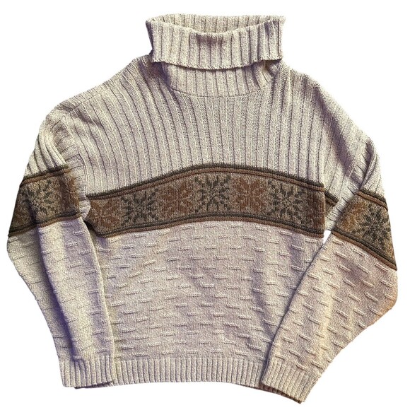 Liberty Sweaters Turtleneck Beige Nordic Pattern Size L Vintage Made In USA - Picture 1 of 4
